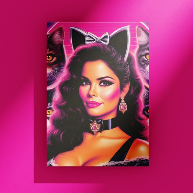 80er Retrowave Katzenfrau Postkarte (Von Creator hochgeladen)