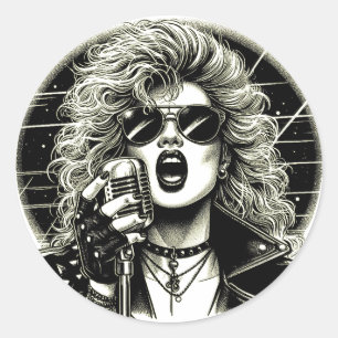 80er Rocker chick Sängerin Tinte Illustration Runder Aufkleber