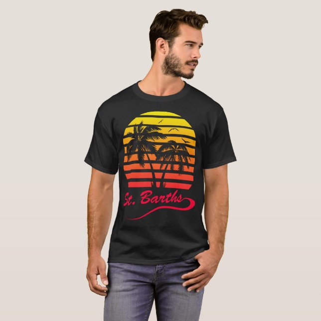80er St. Barths tropischer Sonnenuntergang T-Shirt (Vorne ganz)