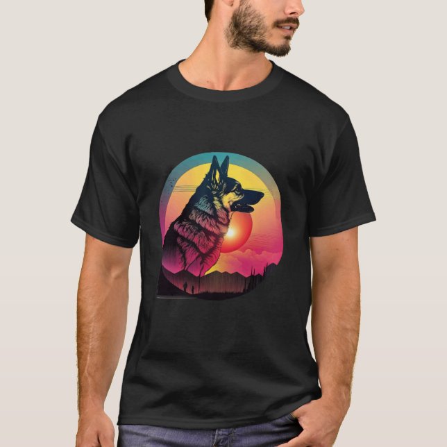 80er Synthwave Deutscher Schäferhund mit einer Ret T-Shirt (Vorderseite)