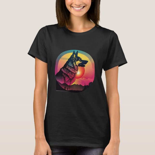 80er Synthwave Deutscher Schäferhund mit einer Ret T-Shirt (Vorderseite)
