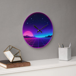 80er Synthwave Neon-Sonnenuntergang Kreis geometri Große Wanduhr