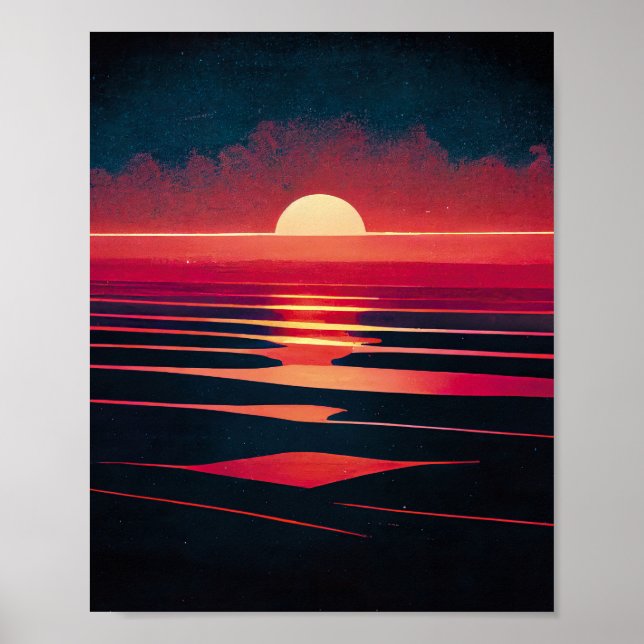 80er-Synthwave-Rotes Meer und Vintage Sonnenunterg Poster (Vorne)