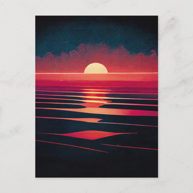 80er-Synthwave-Rotes Meer und Vintage Sonnenunterg Postkarte (Vorderseite)
