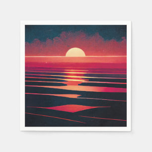 80er-Synthwave-Rotes Meer und Vintage Sonnenunterg Serviette