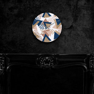 80er Trendy Abstrakt   Gold-Muster für Marine und  Runde Wanduhr