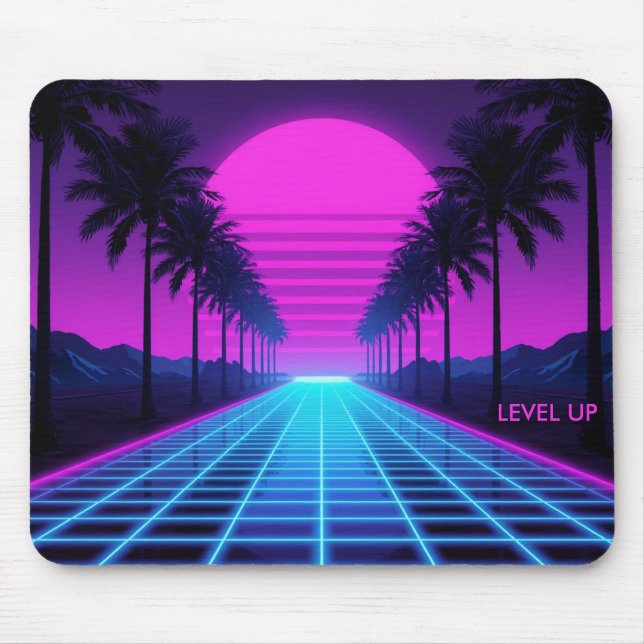 80er Vaporwave Neon Grid Schreibtischunterlage mit Mousepad (Vorne)