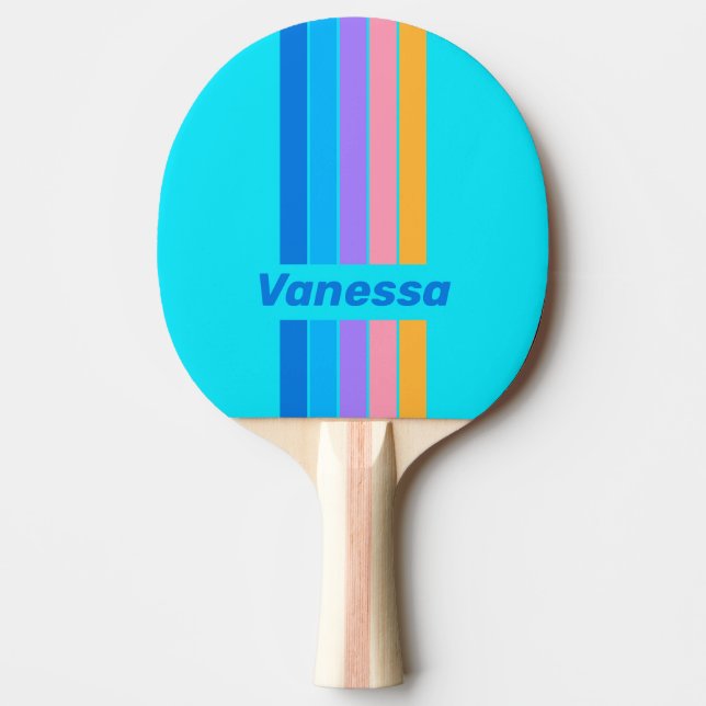 80s Neon Ocean Sky Pin Striped with Name Tischtennis Schläger (Vorderseite)