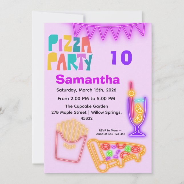 80s Pizza Party Invitation - Neon Arcade Theme Einladung (Vorderseite)