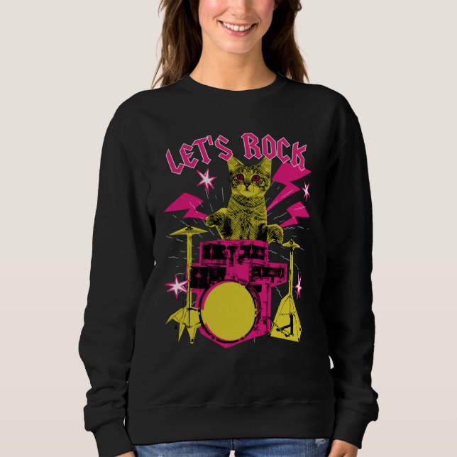 80s Rock N Roll Girl Cat Let's Rock Sweatshirt (Vorderseite)