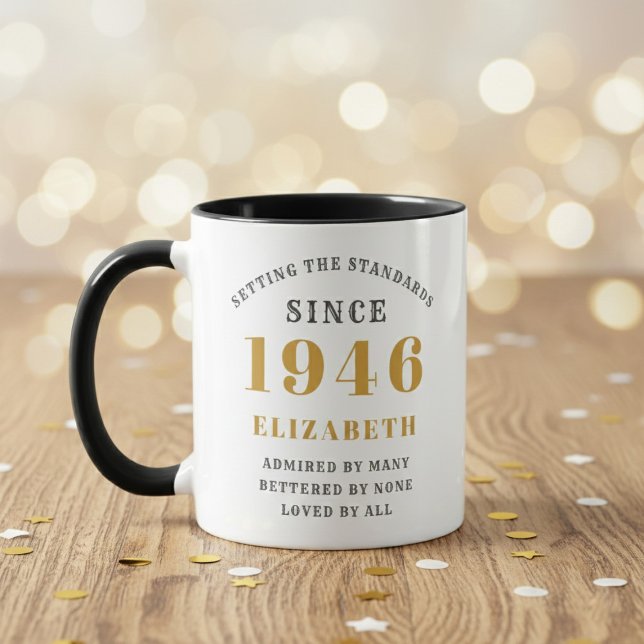 80th Birthday 1946 Add Name Elegant Tasse (Born 1946 birthday gift mug. Blurred wood background.)