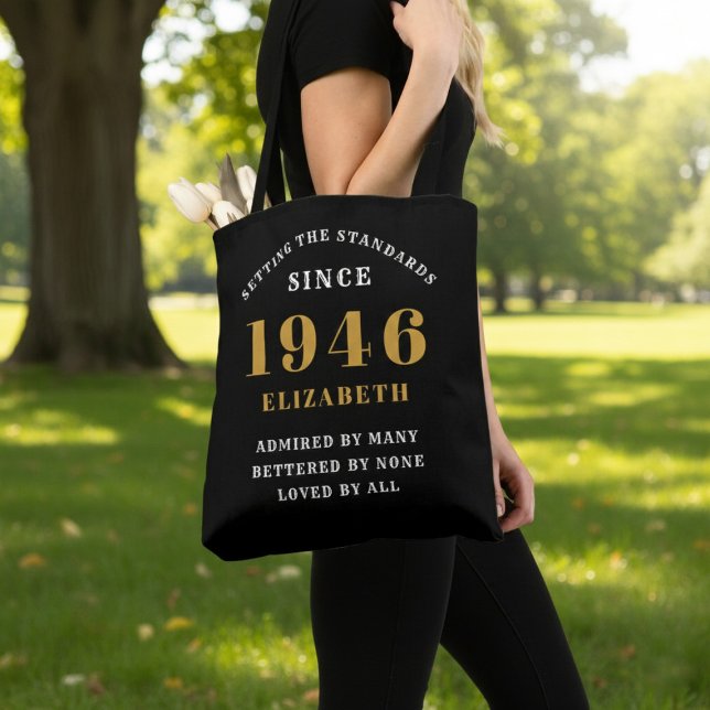 80th Birthday 1946 Black Gold For Her Personalized (Born 1946 birthday tote bag. Background out of focus.)
