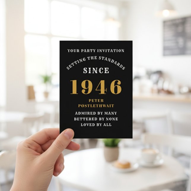 80th Birthday 1946 Black Gold Invitation Postkarte (1946 birthday invitation postcard. Background out of focus.)