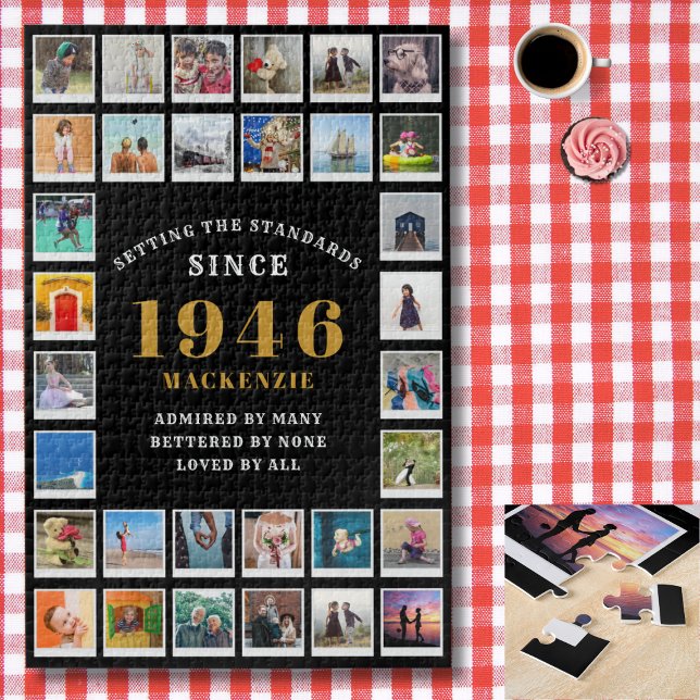 80th Birthday 1946 Family Memories Photo Collage Puzzle (1946 photo collage jigsaw puzzle. Background red and white check tablecloth.)