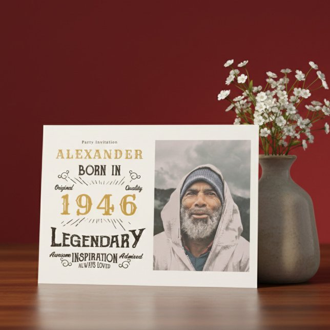 80th Birthday 1946 Legend White & Gold Photo Einladung (Born 1946 birthday invitation.)