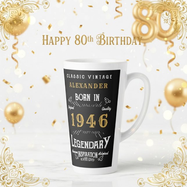 80th Birthday 1946 Legendary Retro Milchtasse (1946 latte mug on a white and gold background.)