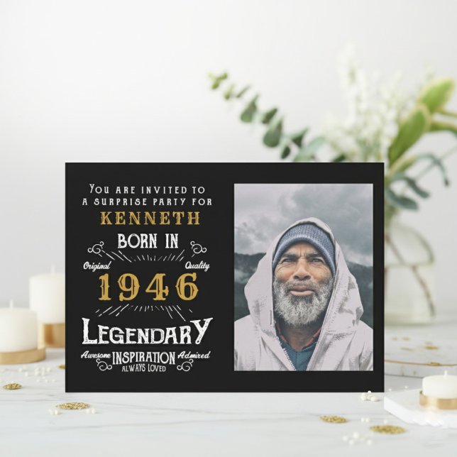 80th Birthday 1946 Vintage Black Gold Personalized Einladung (1946 birthday invitation. White background with flowers.)