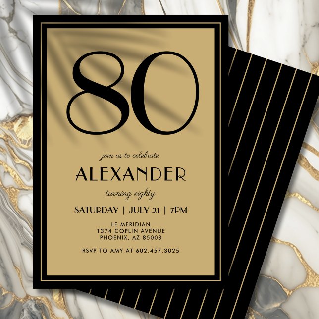 80th Birthday Adult Black and Gold Modern Minimal  Einladung (Celebrate your 80th in bold, sophisticated style with this chic design.)