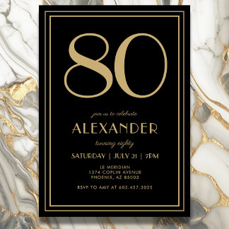 80th Birthday Black and Gold Modern Minimal Adult Einladung