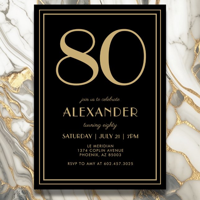80th Birthday Black and Gold Modern Minimal Adult Einladung (Elegant black and gold 80th birthday invitation design for him or her.)