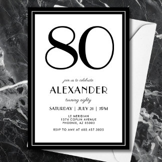 80th Birthday Black and White Modern Minimalist  Einladung