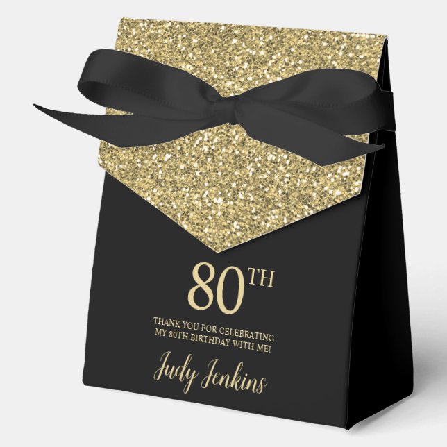 80th Birthday Black Gold Glitter Thank You Geschenkschachtel (Vorderseite)