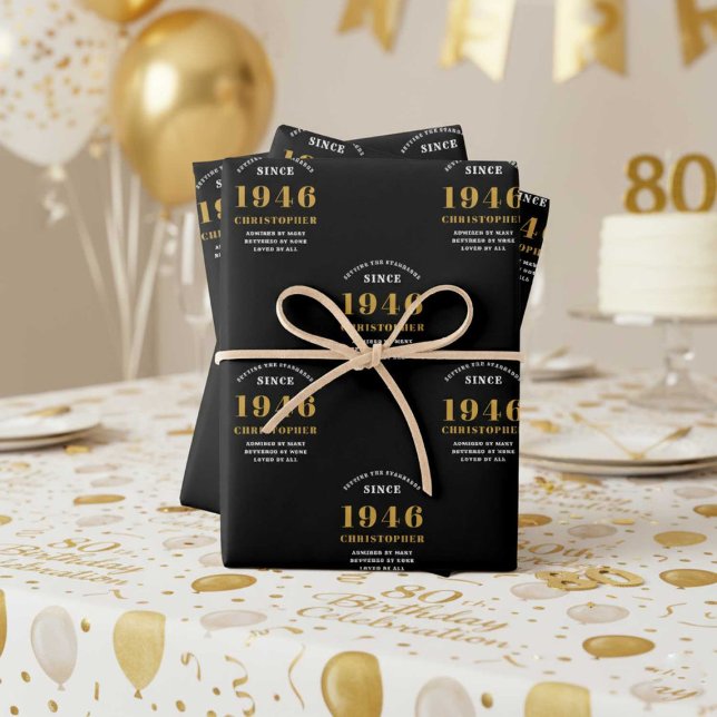 80th Birthday born 1946 Add Name Black Gold Geschenkpapier Set (1946 wrapping paper white and gold background)