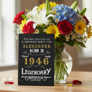 80th Birthday Born 1946 Black Gold Retro Vintage Einladung