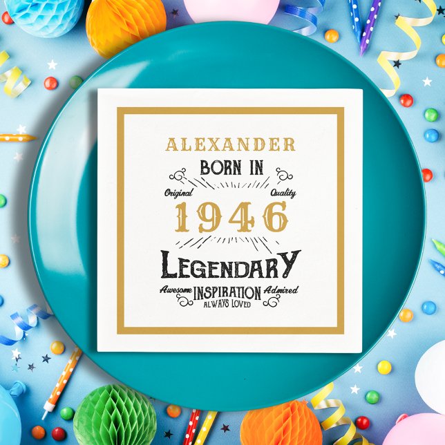 80th Birthday Born 1946 White Gold Legend Serviette (Born 1946 napkin on a blue plate.)