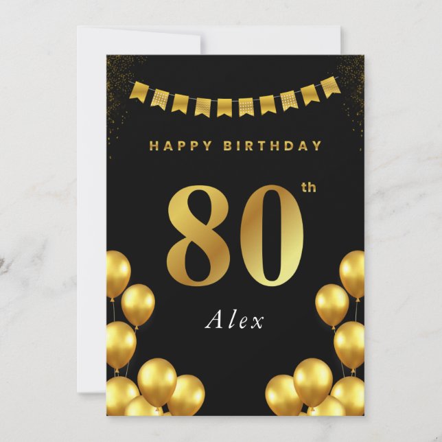 80th Birthday Card Black and Gold Balloons Karte (Vorderseite)