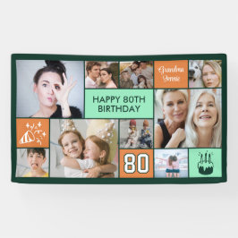 80th Birthday Custom Photo Collage Green Orange Banner