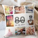 80th birthday custom photo collage woman white kissen<br><div class="desc">A unique gift for a womans 80th birthday, celebrating her life with a collage of 8 of your own photos, pictures. Personalize and add her name, age 80 and a date. A chic white background. Gray and black letters and numbers. The name is written with a modern hand lettered style...</div>