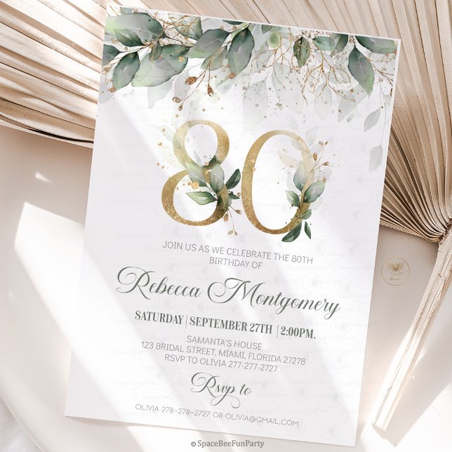80th birthday Elegant Milestone invitation RSVP Karte (80th birthday invitation, editable sage green invitation, elegant floral design,  year old brunch, 8)