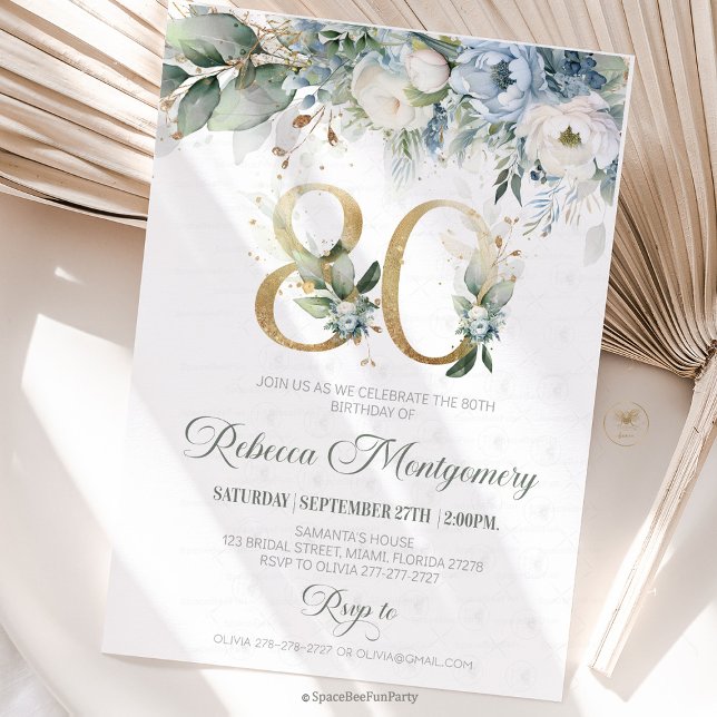 80th birthday Elegant Milestone invitation RSVP Karte (80th birthday invitation, editable sage green invitation, elegant floral design,  year old brunch, 8)