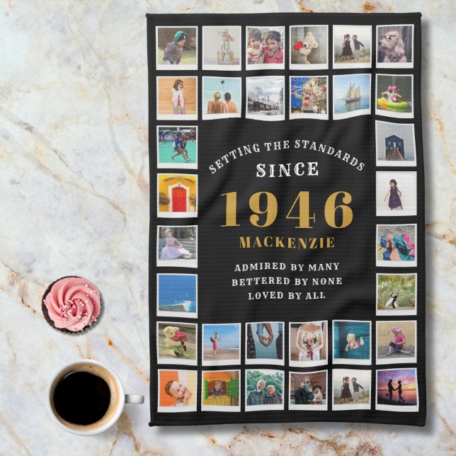 80th Birthday Family Memories Photo Collage  Geschirrtuch (1946 kitchen towel. Marble background.)