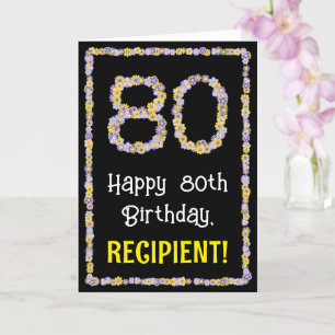 80th Birthday: Floral Flowers Number, Custom Name Karte