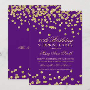 80th Birthday Gold Glitter Purple Einladung