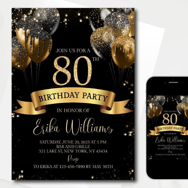 80th Birthday Invitation Template: Black Gold Ball Einladung (Von Creator hochgeladen)