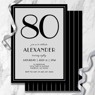 80th Birthday Modern Minimalist Mens Black Gray Einladung