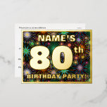 80th Birthday Party: Bold, Colorful Fireworks Look Folie Einladungspostkarte<br><div class="desc">The front of this exciting and fun eightieth birthday party foil einladung postcard design an editable name, a large number 80th, the message "BIRTHDAY PARTY!", and a border. Die Background of the front feys vibriert, colorful bursting celebratory fireworks-inspirred pattern. The back feys personalized details about the event, such as the...</div>