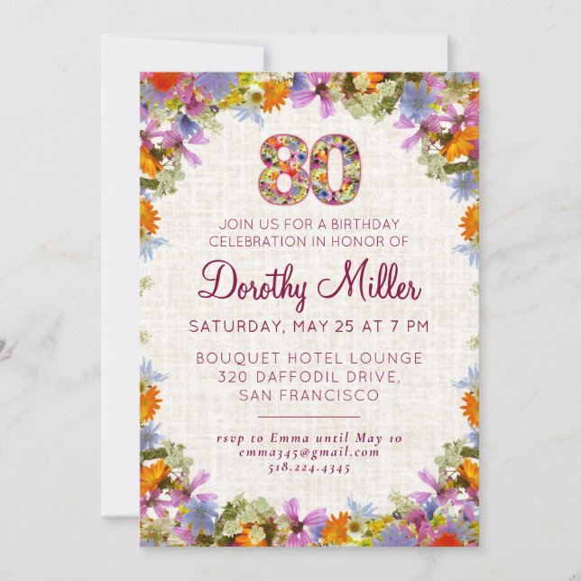 80th Birthday Party – Elegant Floral Linen Design Einladung (Vorderseite)