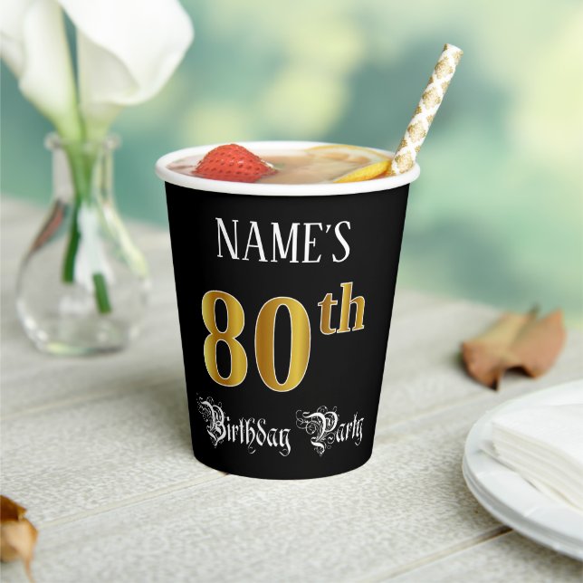 80th Birthday Party — Fancy Script, Faux Gold Look Pappbecher (In Situ)