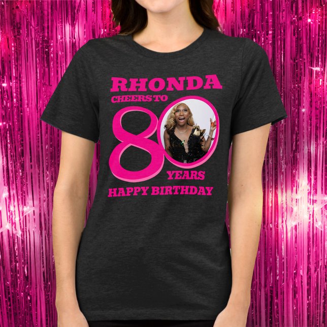 80th Birthday photo and name pink text Tri-Blend Shirt (Von Creator hochgeladen)