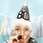 80th birthday photo personalized white black mono partyhütchen<br><div class="desc">Add your own photo and name party hat. Ideal for a special 80th birthday party celebration. Simple black and white design. Other matching birthday items are available.  Original graphic art and design by www.mylittleeden.com</div>