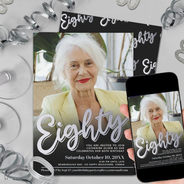 80th Birthday photo silver eighty script party Einladung (Von Creator hochgeladen)