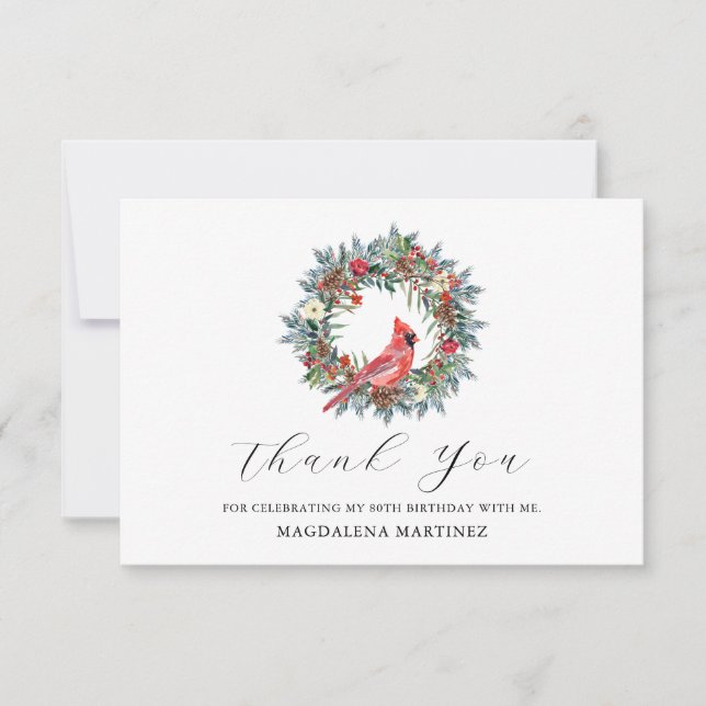 80th Birthday Red Cardinal Wreath Custom Flat Dankeskarte (Vorderseite)