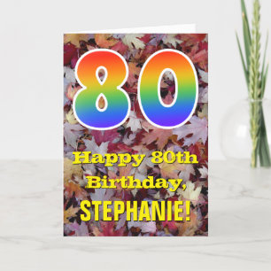 80th Birthday; Rustic Autumn Leaves; Rainbow "80" Karte