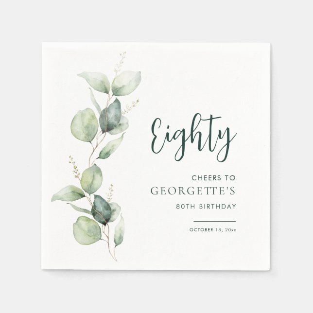 80th Birthday Watercolor Eucalyptus Paper Serviette (Vorderseite)