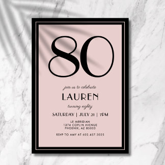 80th Birthday Women's Modern Minimal Black Pink Einladung