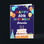 80th Happy Birthday Balloons Cake Navy Blue Karte<br><div class="desc">80th Happy Birthday Colorful Balloons Cake Navy Blue with personalized name. For further customization,  please click the "Customize it" button and use our design tool to modify this template.</div>
